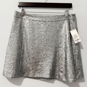 Decree Sparkling Silver‎ Mini Skirt Womens Sz Large Skater Sequins Fit Flare NWT